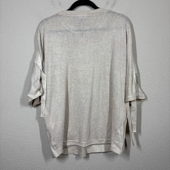 DKNY Womens Size Medium Tie Sleeves Top Tan Linen Rayon Blend Crew Neck Stretch - Picture 2 of 11